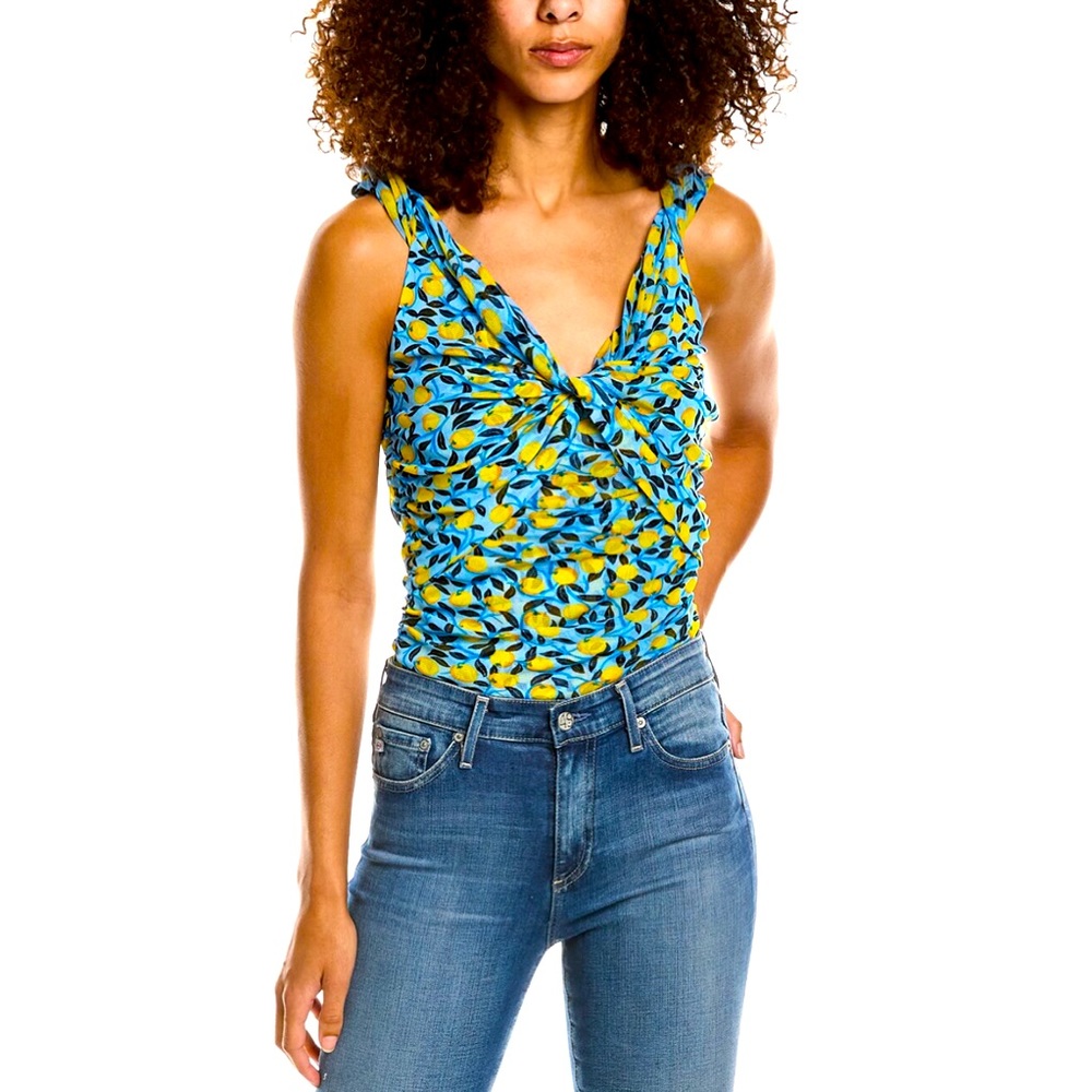 Diane Von Furstenberg Bloomington Bodysuit, Nectarine/Sky Blue, Size Medium, NWT